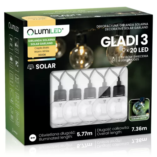 Napelemes kerti fényfüzér 20 LED erkélyre díszgömbök 7,36m 3000K meleg fehér GLADI 3 LUMILED