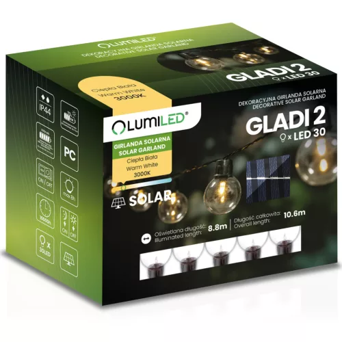 Napelemes kerti girland 30x LED dekoratív gömb 10,6 m, meleg, 3000K, GLADI 3 LUMILED