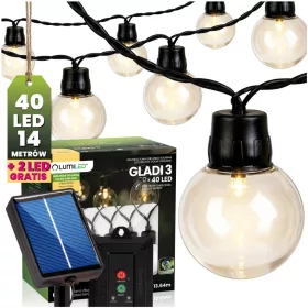   Napelemes kerti fényfüzér 40 LED erkélyre díszgömbök 13,64m 3000K meleg fehér GLADI 3 LUMILED