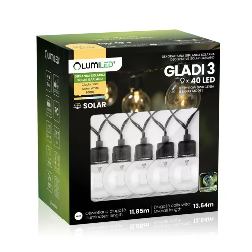 Napelemes kerti fényfüzér 40 LED erkélyre díszgömbök 13,64m 3000K meleg fehér GLADI 3 LUMILED