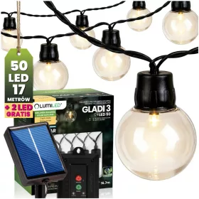   Napelemes kerti fényfüzér 50 LED erkélyre díszgömbök 16,7m 3000K meleg fehér GLADI 3 LUMILED