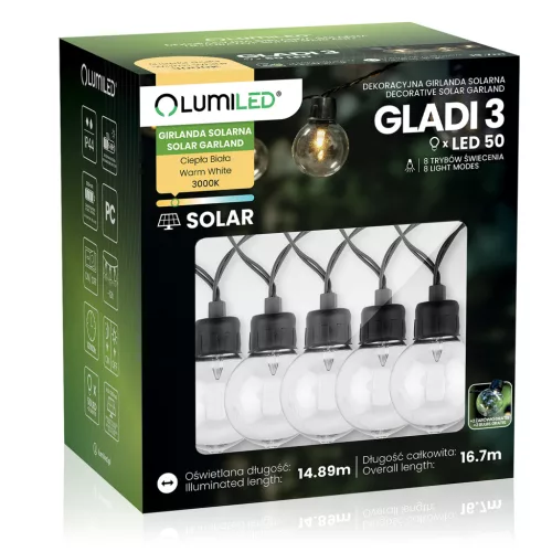 Napelemes kerti fényfüzér 50 LED erkélyre díszgömbök 16,7m 3000K meleg fehér GLADI 3 LUMILED