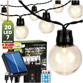   Napelemes kerti fényfüzér 20 LED díszgömbök 7,36m 3000K meleg fehér + távirányító GLADI CONTROL LUMILED