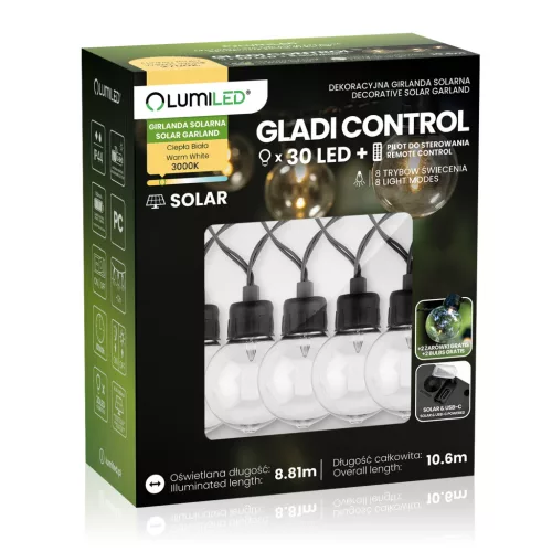 Napelemes kerti fényfüzér 30 LED díszgömbök 10,6m 2700K meleg fehér + távirányító GLADI CONTROL LUMILED