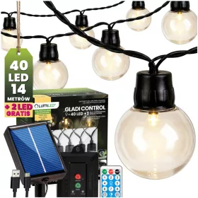   Napelemes kerti fényfüzér 40 LED díszgömbök 13,64m 3000K meleg fehér + távirányító GLADI CONTROL LUMILED