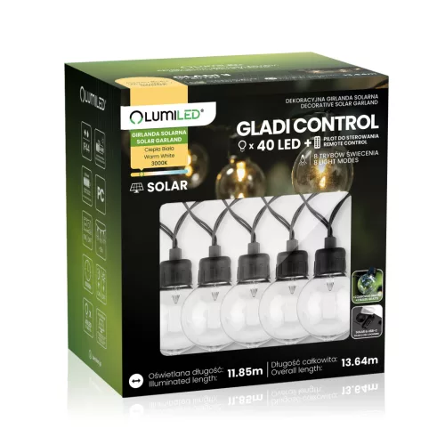 Napelemes kerti fényfüzér 40 LED díszgömbök 13,64m 3000K meleg fehér + távirányító GLADI CONTROL LUMILED
