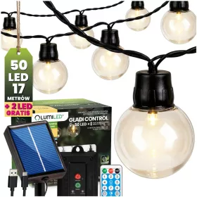   Napelemes kerti fényfüzér 50 LED díszgömbök 16,7m 3000K meleg fehér + távirányító GLADI CONTROL LUMILED