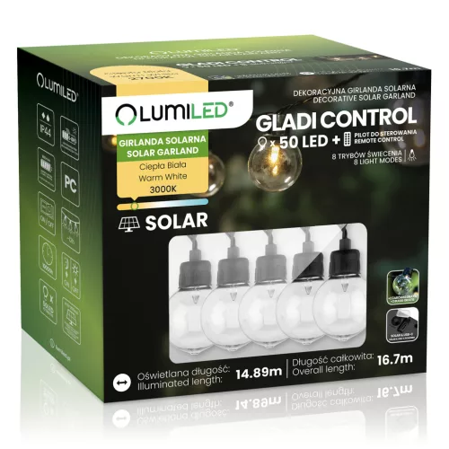 Napelemes kerti fényfüzér 50 LED díszgömbök 16,7m 3000K meleg fehér + távirányító GLADI CONTROL LUMILED