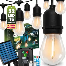   Napelemes kerti girland 22x LED dekoratív izzók 15m 2700K Meleg + Távirányító IP65 SOLLIS 2 LUMILED
