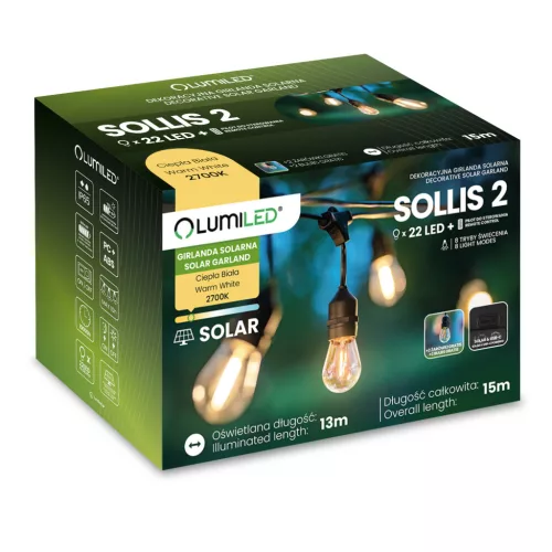 Napelemes kerti girland 22x LED dekoratív izzók 15m 2700K Meleg + Távirányító IP65 SOLLIS 2 LUMILED