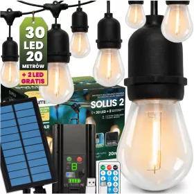   Napelemes kerti girland 30x LED dekoratív izzók 20m 2700K Meleg + Távirányító IP65 SOLLIS 2 LUMILED