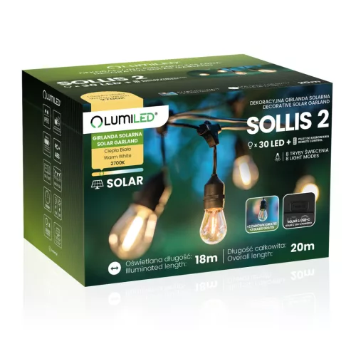Napelemes kerti girland 30x LED dekoratív izzók 20m 2700K Meleg + Távirányító IP65 SOLLIS 2 LUMILED