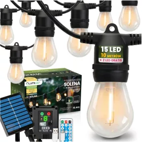  Napelemes kerti girland 15x LED dekoratív izzók 10,4 m 2700 K Meleg szín + SOLENA LUMILED távirányító