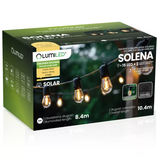 Napelemes kerti girland 15x LED dekoratív izzók 10,4 m 2700 K Meleg szín + SOLENA LUMILED távirányító