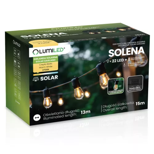 Napelemes kerti girland 22x LED dekoratív izzók 15m 2700K Meleg fehér + SOLENA LUMILED távirányító