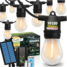   Napelemes kerti girland 30 db LED dekoratív izzó 20 m 2700 K meleg fehér + SOLENA LUMILED távirányító