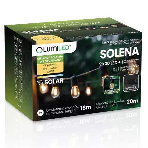 Napelemes kerti girland 30 db LED dekoratív izzó 20 m 2700 K meleg fehér + SOLENA LUMILED távirányító