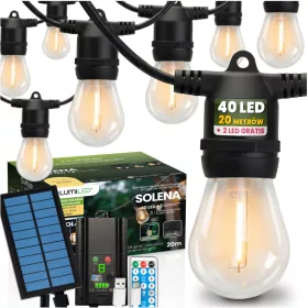   Napelemes kerti girland 40 db LED dekoratív izzó 20 m 2700 K meleg fehér + SOLENA LUMILED távirányító