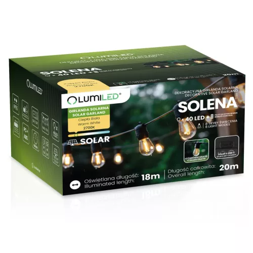 Napelemes kerti girland 40 db LED dekoratív izzó 20 m 2700 K meleg fehér + SOLENA LUMILED távirányító