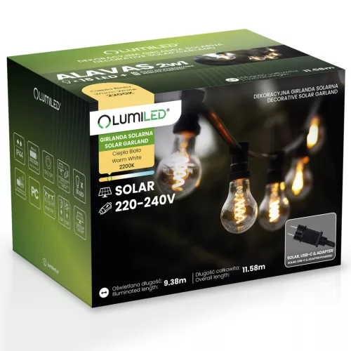 Napelemes kerti girland 15x LED dekoratív izzók 11,58m 2200K Meleg + Távirányító ALAVAS LUMILED