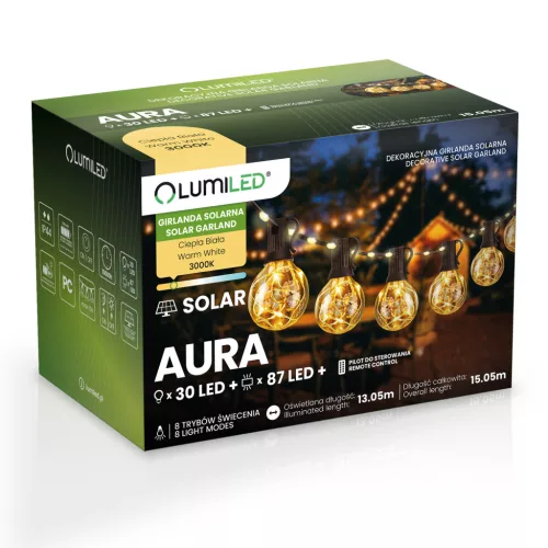 Napelemes kerti girland 30x LED dekoratív izzók 15,05 m 3000K Meleg + Távirányító AURA LUMILED