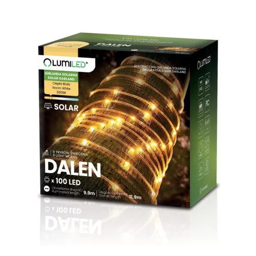 Napelemes kerti LED fényfüzér, dekoratív, 100x LED, 11,9m, KÍGYÓ, 3000K meleg fényű DALEN LUMILED