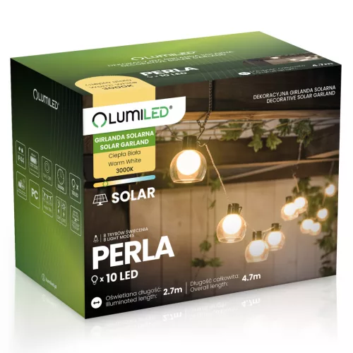Napelemes kerti girland 10x LED dekoratív lámpák 4,7m 3000K Meleg PERLA LUMILED