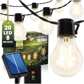   Napelemes kerti LED fényfüzér, dekoratív, izzók, 20x LED, 7,7m, 2700K meleg fényű LUMILED