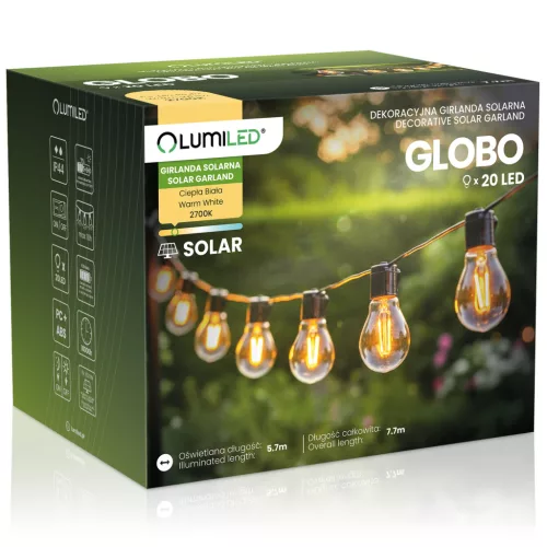 Napelemes kerti LED fényfüzér, dekoratív, izzók, 20x LED, 7,7m, 2700K meleg fényű LUMILED