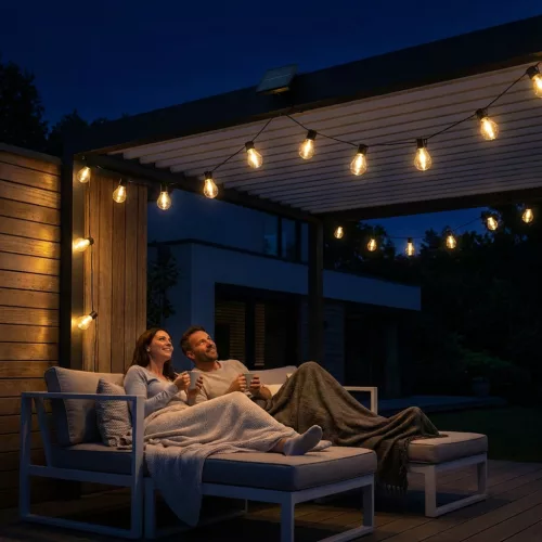 Napelemes kerti LED fényfüzér, dekoratív, izzók, 20x LED, 7,7m, 2700K meleg fényű LUMILED