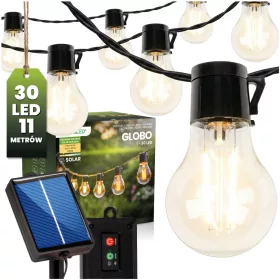   Napelemes kerti LED fényfüzér, dekoratív, izzók, 30x LED, 10,7m, 2700K meleg fényű LUMILED