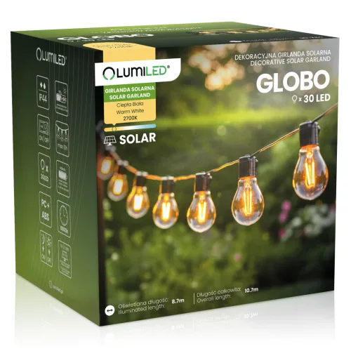Napelemes kerti LED fényfüzér, dekoratív, izzók, 30x LED, 10,7m, 2700K meleg fényű LUMILED