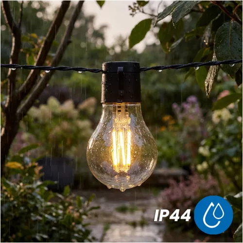 Napelemes kerti LED fényfüzér, dekoratív, izzók, 30x LED, 10,7m, 2700K meleg fényű LUMILED