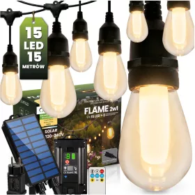   Kerti napelemes fényfüzér 15x LED lánghatású dekorlámpákkal 15m 1800K meleg fehér FLAME LUMILED