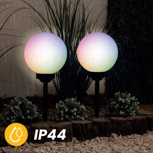 Napelemes kerti lámpa LED ATRIS földre szerelhető fehér golyós 20cm RGB LUMILED