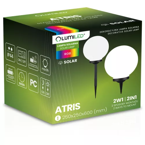 Napelemes kerti lámpa LED ATRIS földre szerelhető fehér golyós 25cm RGB LUMILED