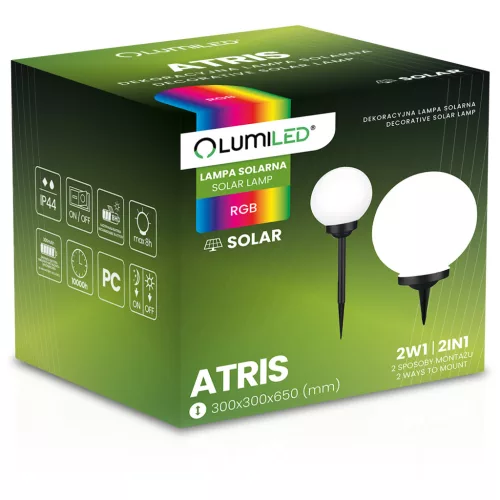 Napelemes kerti lámpa LED ATRIS Földre szerelhető fehér golyós 30cm RGB LUMILED