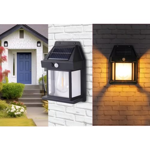 Napelemes fali lámpa LED homlokzati lámpa 3000K IP44 mozgás- és szürkületérzékelő DONA LUMILED