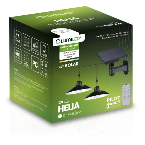 2x napelemes LED lámpa HELIA csillár akasztós kerti mennyezeti érzékelő távirányító LUMILED panel