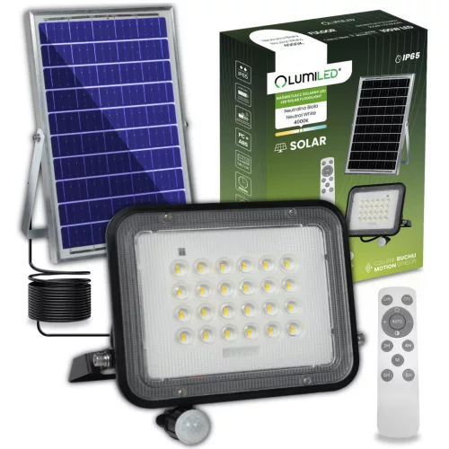 Napelemes LED halogén reflektor 100 W-os kerti lámpa 4000K IP65 PIR mozgásérzékelő + távirányító FULGOR LUMILED