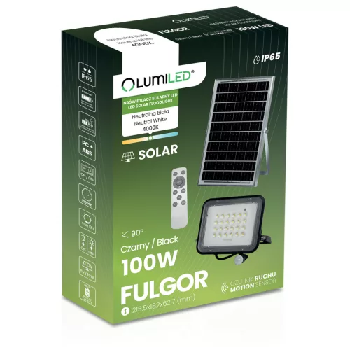 Napelemes LED halogén reflektor 100 W-os kerti lámpa 4000K IP65 PIR mozgásérzékelő + távirányító FULGOR LUMILED