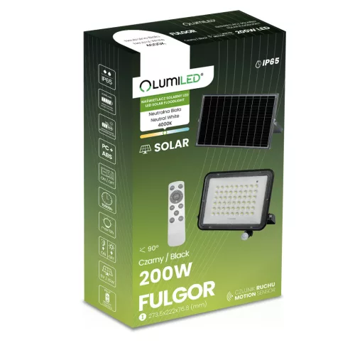 Napelemes LED halogén reflektor 200W kerti lámpa 4000K IP65 PIR mozgásérzékelő + távirányító FULGOR LUMILED