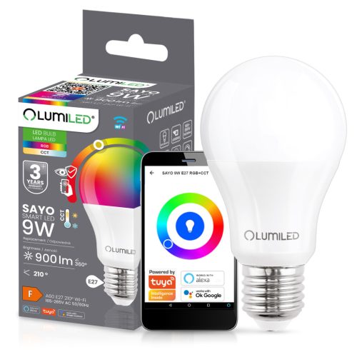 E27 A60 LED izzó 9W = 60W 900lm RGB CCT szabályozható Smart TUYA WiFi SMART SAYO LUMILED