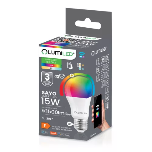 LED izzó E27 A65 15W = 100W 1500m RGB CCT szabályozható fényerejű intelligens TUYA WiFi SMART SAYO LUMILED