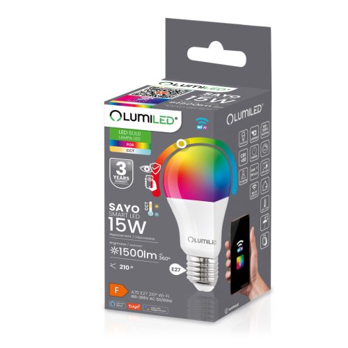 E27 A70 LED izzó 15W = 100W 1500lm RGB CCT szabályozható Smart TUYA WiFi SMART SAYO LUMILED
