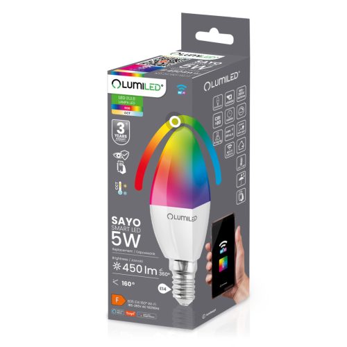 LED izzó E14 B35 CANDLE 5W = 40W 450lm RGB szabályozható CCT Smart TUYA WiFi SMART SAYO LUMILED