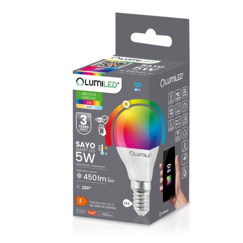 LED izzó E14 P40 BALL 5W = 40W 450lm RGB CCT szabályozható Smart TUYA WiFi SMART SAYO LUMILED