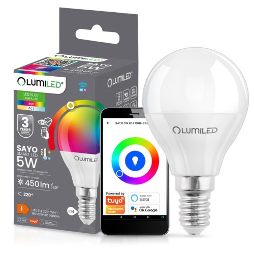 LED izzó E14 P40 BALL 5W = 40W 450lm RGB CCT szabályozható Smart TUYA WiFi SMART SAYO LUMILED