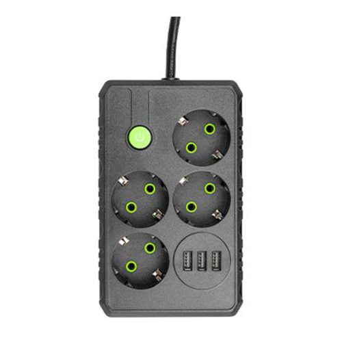 Hálózati hosszabbító kábel 4x dugó 3x aljzat USB-A fekete Masterled