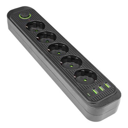 Hálózati hosszabbító kábel 5x dugó 3x aljzat USB-A USB-C fekete Masterled
